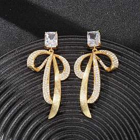 Серьги-гвоздики с микропаве из латуни и прозрачными кубическими цирконами для женщин, прямоугольник и бант