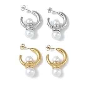 Pearl 304 Stainless Steel Stud Earrings, Lune with Pearl