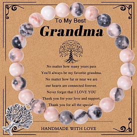 Natural Mixed Stone Beaded Stretch Bracelet with Alloy Tree of Life Charms