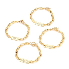 Mother's Day Gifts, Brass Micro Pave Clear Cubic Zirconia Link Bracelets, with 304 Stainless Steel Toggle Clasps, Rectangle with Word