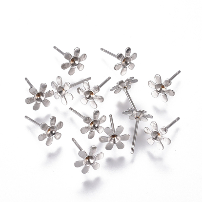 304 Stainless Steel Ear Stud Components, For Pointed Back Rivoli Rhinestone, Flower