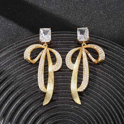 Серьги-гвоздики с микропаве из латуни и прозрачными кубическими цирконами для женщин, прямоугольник и бант