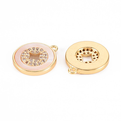 Brass Micro Pave Clear Cubic Zirconia Charms, with Freshwater Shell, Nickel Free, Copper Cash