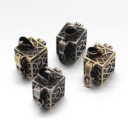 Carved Cuboid Rack Plating Brass Prayer Box Pendants, Wish Box