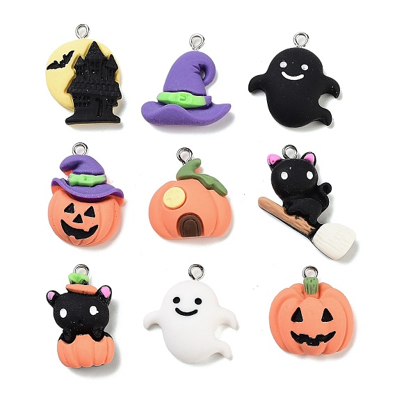 Подвески из непрозрачной смолы на тему хэллоуина, хэллоуин прелести, шляпа ведьмы/тыква/форма кошки/замок/призрак