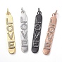Brass Micro Pave Cubic Zirconia Pendants, with Soldered Jump Rings, Rectangle with Word LOVE