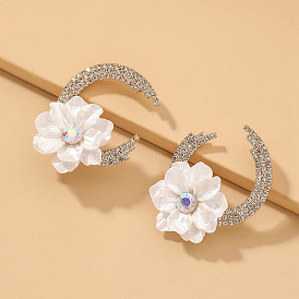 925 Silver Moon Flower Rhinestone Vintage Earrings - Fashionable, Exaggerated, Trendy Ear Jewelry.