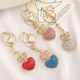 Alloy Rhinestone Pendants Keychain, with Alloy Findings, Heart with Crown