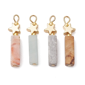 Natural Crazy Lace Agate/Map Stone/Flower Amazonite/Wood Lace Stone Rectangle Pendants, Brass Star Charms