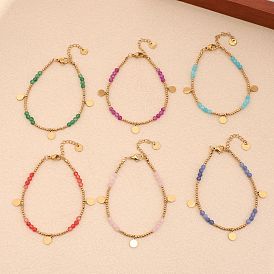 Браслеты из натуральных окрашенных драгоценных камней, эластичные браслеты для женщин, с настоящими бусинами из нержавеющей стали, покрытыми 18k золотом