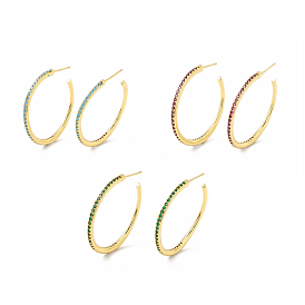 Cubic Zirconia C-shape Stud Earrings, Real 18K Gold Plated, Rack Plating Brass Half Hoop Earrings for Women, Cadmium Free & Lead Free
