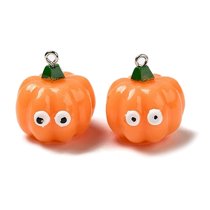 Autumn Cartoon Opaque Resin Vegetable Pendants, Funny Eye Pumpkin Charms with Platinum Plated Iron Loops