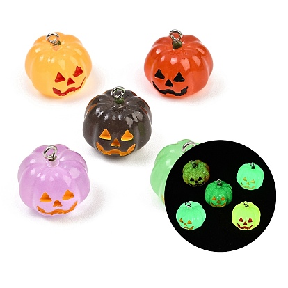 Luminous Transparent & Opaque Resin Pendants, Jack-O-Lantern Charm, with Platinum Iron Loop, Glow in the Dark