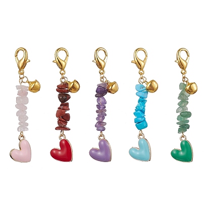 Alloy Enamel Heart Pendant Decoration, Natural & Synthetic Mixed Stone Chips and Alloy Lobster Claw Clasps Charm