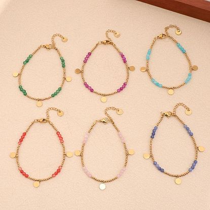 Браслеты из натуральных окрашенных драгоценных камней, эластичные браслеты для женщин, с настоящими бусинами из нержавеющей стали, покрытыми 18k золотом