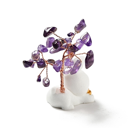 Natural Gemstone Tree Display Decorations, Resin Rabbit Base Feng Shui Ornament for Wealth, Luck, Rose Gold