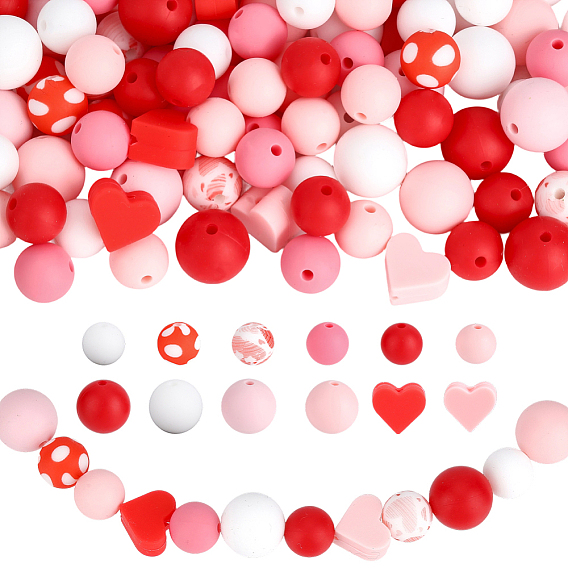 136Pcs Silicone Beads, Focal Beads, Mixed Shapes
