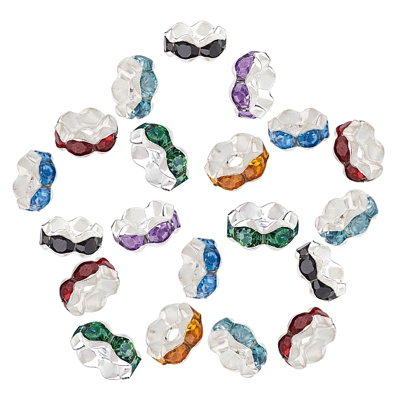 200Pcs Brass Acrylic Rhinestone Spacer Beads, Wavy Edge, Silver Color Plated, Rondelle