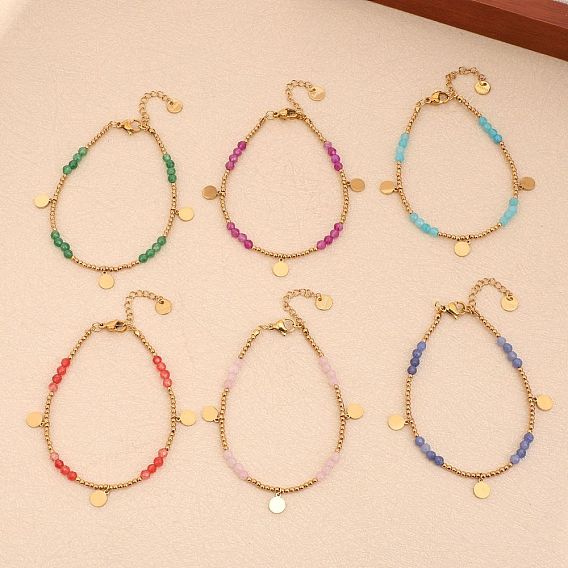 Браслеты из натуральных окрашенных драгоценных камней, эластичные браслеты для женщин, с настоящими бусинами из нержавеющей стали, покрытыми 18k золотом