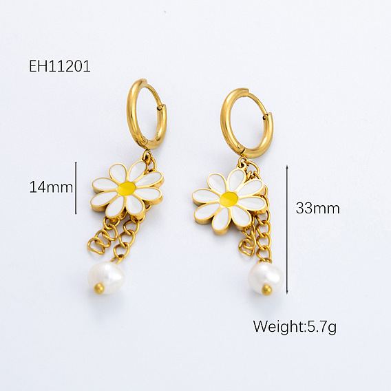 304 серьги-кольца с кисточками из эмалевой стали в виде цветка, с пластиковой жемчужины