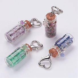 Decoración de colgante de piedras preciosas botella de vidrio transparente, con broches de garra de langosta corazón aleación