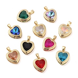 Rack Plating Brass Pendants, Heart Shaped Glass Charms, Long-Lasting Plated, Cadmium Free & Lead Free, Real 18K Gold Plated