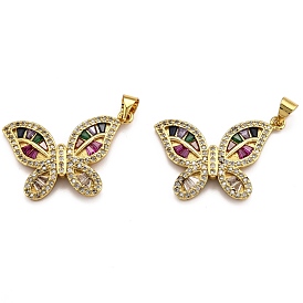 Brass Micro Pave Clear Cubic Zirconia Pendants, Long-Lasting Plated, Butterfly