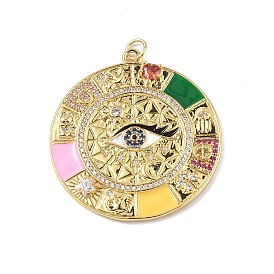 Brass Micro Pave Cubic Zirconia Pendants, with Enamel and Jump Ring, Real 18K Gold Plated, Flat Round with Eye