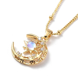 Moon Brass Micro Pave Cubic Zirconia Pendant Necklaces, with Glass for Women