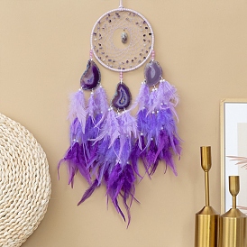 Iron Woven Web/Net with Feather Hanging Ornaments, Natural Agate Slices Charms for Home Living Room Bedroom Wall Decorations