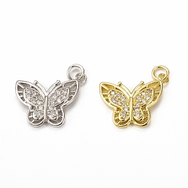 Brass Micro Pave Cubic Zirconia Charms, Hollow Butterfly Charm, with Jump Ring