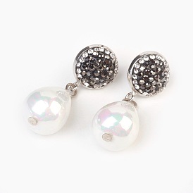 Boucles d'oreilles en perles de coquille, avec composants de clou d'oreille en laiton strass et écrous d'oreille en plastique 304 en acier inoxydable, avec boîte de papier