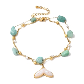 Summer Beach Nuggets Natural Amazonite & Imitation Pearl Multi-Strand Anklets, Whale Tail Ion Plating(IP) 304 Stainless Steel Resin Charm Anklets for Women