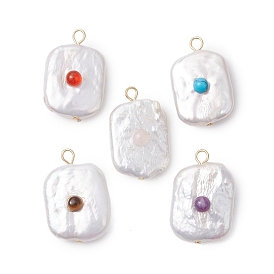 Gemstone & Baroque Pearl Keshi Pearl Pendants, with 304 Stainless Steel Flat Head Pins, Rectangle