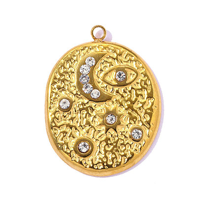 Кованые 304 подвески из нержавеющей стали со стразами, овальный амулет с изображением солнца и луны, символизирующий сглаз, ионное покрытие (ip), долговечный, кристалл