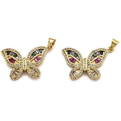 Brass Micro Pave Clear Cubic Zirconia Pendants, Long-Lasting Plated, Butterfly
