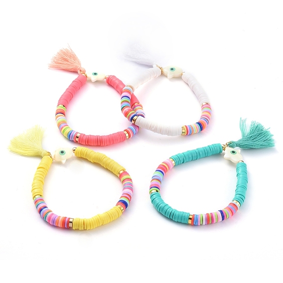 Handmade Polymer Clay Heishi Beads Stretch Bracelets, with Cotton Thread Tassel Pendants and Natural Freshwater Shell Beads, Palm with Evil Eye