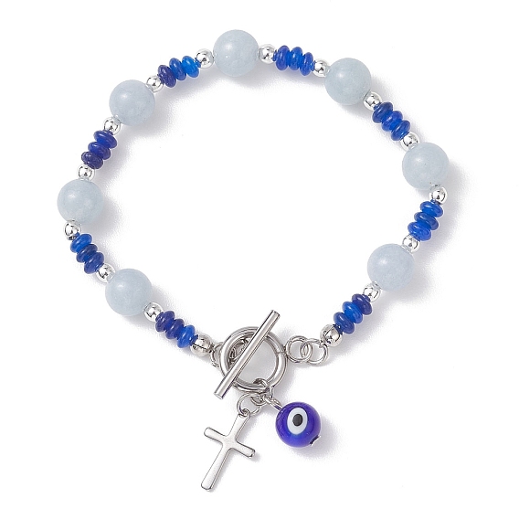 304 браслеты с подвесками из нержавеющей стали и лэмпворка, Браслеты из натуральных бусин белого нефрита и драгоценных камней для женщин, крест и сглаз, с Переключить застежками