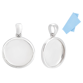 925 Sterling Silver Pendant Cabochon Settings, with Suede Fabric Square Silver Polishing Cloth, Flat Round