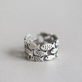 S925 silver ring female retro Thai silver old ring temperament three-layer small fish open ring cute index finger ring