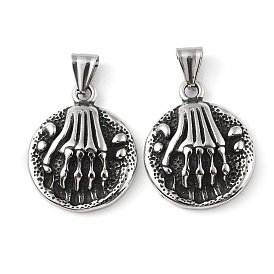 304 Stainless Steel Pendants, with 201 Stainless Steel Snap on Bails, Flat Round with Skull Charm