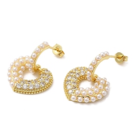 Rack Plating Brass Heart Dangle Stud Earrings with Plastic Pearl, Cubic Zirconia Earrings, Cadmium Free & Lead Free