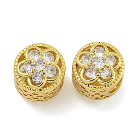 Rack Plating Brass Micro Pave Cubic Zirconia Beads, Long-Lasting Plated, Cadmium Free & Lead Free, Column with Flower