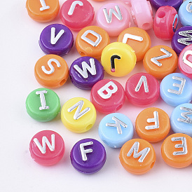 Plating Opaque Acrylic Beads, Metal Enlaced, Horizontal Hole, Flat Round with Letter