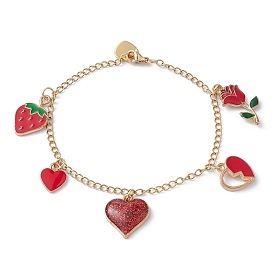 Bracelet à breloques en alliage émaillé rose, cœur et fraise avec chaînes en acier inoxydable pour la saint-valentin