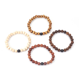 Wood Beads Stretch Bracelets Sets, with Natural Agate and Burlap Packing, Round