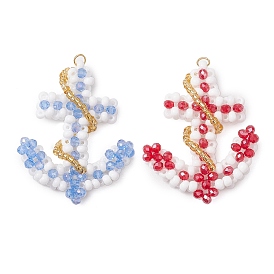 2Pcs 2 Colors Glass Seed Beaded Boat Anchor Pendants, with 304 Stainless Steel Jump Rings