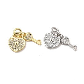 Brass Micro Pave Clear Cubic Zirconia Charms, with Jump Ring, Heart Lock & Key Charm