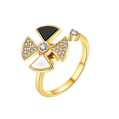 Adjustable Opening Brass with Enamel Ring, Cubic Zirconia Rotating Ring, Clover