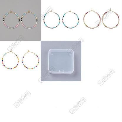 4 Pairs 4 Colors Bohemian Style Miyuki Seed Beaded Hoop Earrings, Native American Tribal Style Earrings